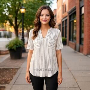 Peyton Jensen White Black Striped V Neck T-Shirt Pocket Stretch Hem Pleat Size M